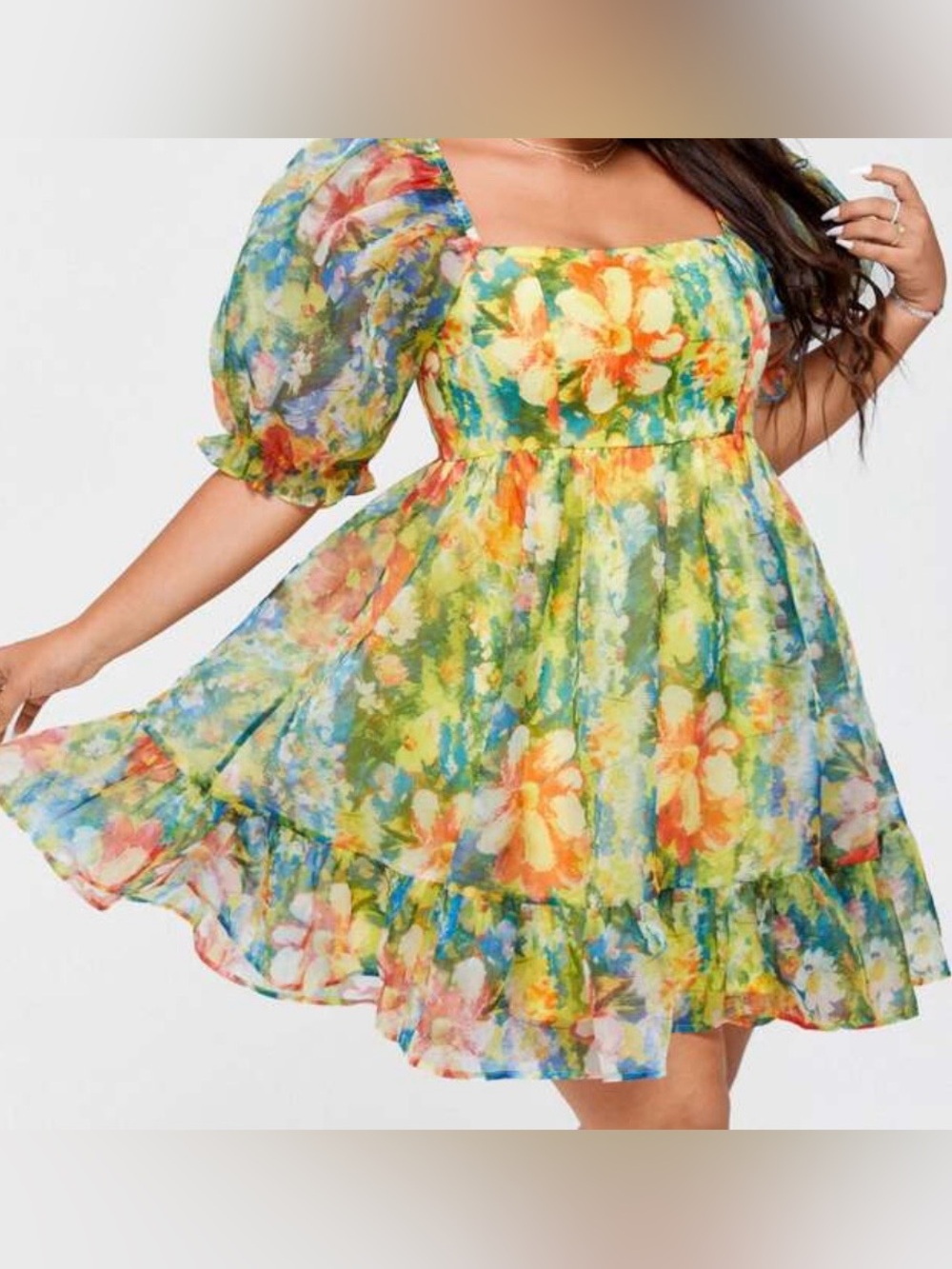 SHEIN Curve Puff Sleeve Organza Overlay Floral Babydoll Dress